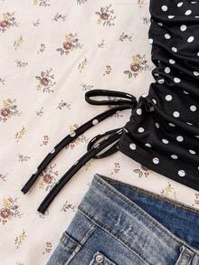 Teen Girls Y2K Casual Minimalist Black & White Polka Dot Print Ruched Tie Front Camisole Tops Teen Girl Clothes Tube Top,Summer,Y2k,Vacation,Streetwear,Holiday,New Years Tube Top Pack Black And White Tops For Teen Girls Not Cropped