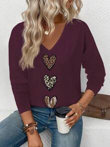 EMERY ROSE Women's Spring/Summer New Arrival Ombre Leopard Print Heart Pattern Casual V-Neck Long Sleeve T-Shirt - Red Violet - View 6