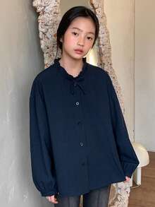 Dazy Kids 少女宽松休闲纯色长袖衬衫，秋季款 - 藏蓝色 - 查看 4