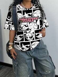 THE POWERPUFF GIRLS X SHEIN Plus Size Summer Casual Letter And Cartoon Pattern Round Neck Short Sleeve T-Shirt Suitable For Going Out - White - View 1