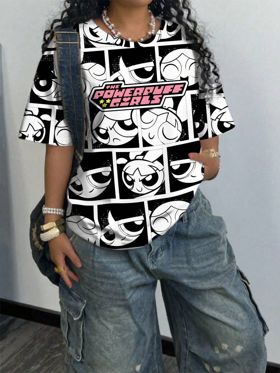 THE POWERPUFF GIRLS X SHEIN Plus Size Summer Casual Letter And Cartoon Pattern Round Neck Short Sleeve T-Shirt Suitable For Going Out - White - View 1