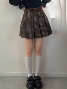 FRIFUL Gonna a-line casual e versatile da donna, con cintura in vita, decorata con pieghe e motivo a quadri, adatta per l'autunno/inverno - Castano - Visualizzare 4