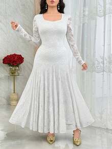 Modelyn Elegant Square Neck Lace Cinched Waist Mermaid Hem Cocktail Dress - White - View 2