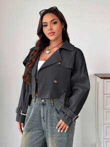 SHEIN EZwear Áo khoác trench coat cổ bẻ cổ điển cỡ lớn, màu xám đậm - Màu xám đen - Xem 4