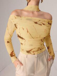 Modelyn Autumn Knitted Sexy Sheer Mesh Ribbon Print T-Shirt Off The Shoulders Top Pale Yellow Top Off The Shoulder Long Sleeve Yellow Top Women Butter Yellow Top - Yellow - View 7