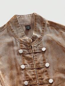 ROMWE MEN Grunge Punk Men's KPOP Autumn Double-Breasted Casual Punk Retro Denim Jacket