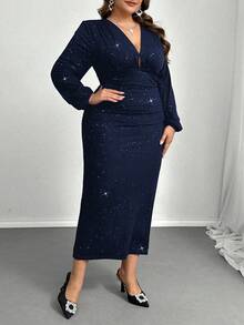 Firerie 大码优雅通勤精致高端场所精致下午茶，略带性感的约会音乐会派对闪亮面料深 V 腰部褶皱修身长袖超长鱼尾连衣裙，初秋 - 藏蓝色 - 查看 5