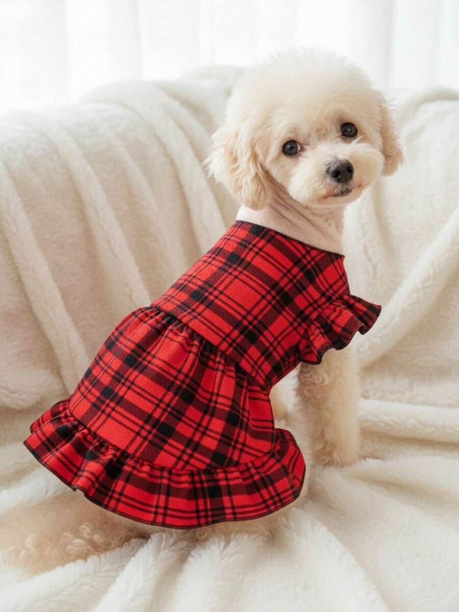 PETSIN 1 pièce Robe à manches bouffantes à carreaux rouges pour animaux de compagnie, Noël - Multicolore - Voir 1