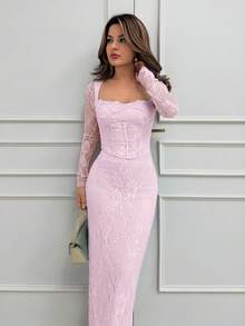 Jemour 女式新款夏季派对约会晚会性感S型蕾丝长袖胸罩鱼骨方领紧身黑色长裙 - 粉色 - 查看 4