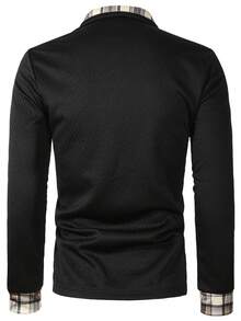 Manfinity Mode 男士长袖纹理面料拼接格子图案 Polo 衫，适合秋冬季休闲穿着和户外搭配 - 黑色 - 查看 2