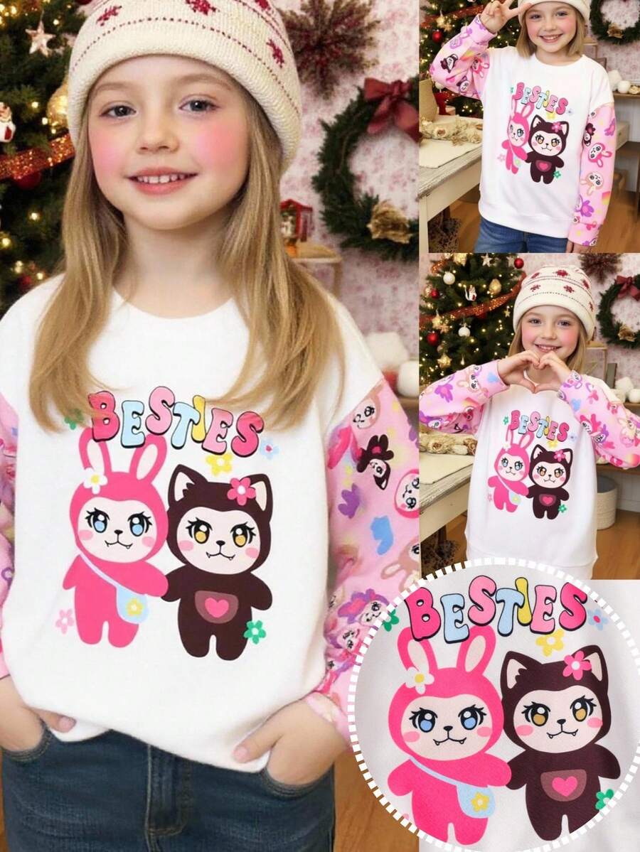 SHEIN 少女可爱动物图案针织休闲圆领卫衣 - 白色 - 查看 1