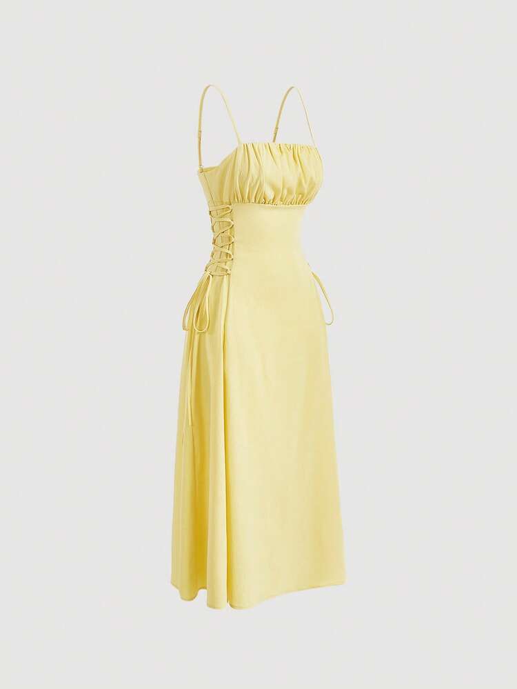 SHEIN MOD Solid Ruched Bust Lace Up Side Formal Cami Yellow Long Dress,Pastel Dresses For Women - Yellow - View 7