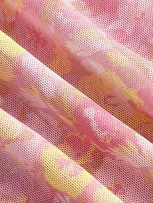 SHEIN MOD 滿版印花不對稱領褶邊不對稱下擺連衣裙 - 粉色 - 查看 4