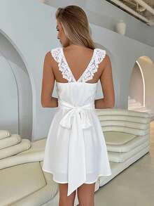 Roylia Vestido de fiesta elegante de estilo vintage para mujer con encaje y lazo, ajustado hasta la rodilla - Blanco - Ver 2