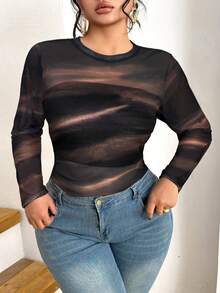 Elenzga Áo thun lưới cổ tròn tay dài màu đen gợi cảm cổ điển đa năng cỡ lớn - màu đen - Xem 1