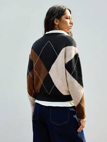 Maija 女士都市几何格纹艺术线条V领宽松休闲柔软蓬松毛衣，优雅百搭，适合感恩节、圣诞节、新年派对、婚礼宾客等场合，休闲时尚基础款外套 - 彩色 - 查看 4