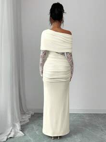 Rafferiza Women's Sexy & Elegant Asymmetric Neck Ruched Lace Patchwork Long Sleeve White Dress - Apricot - View 2
