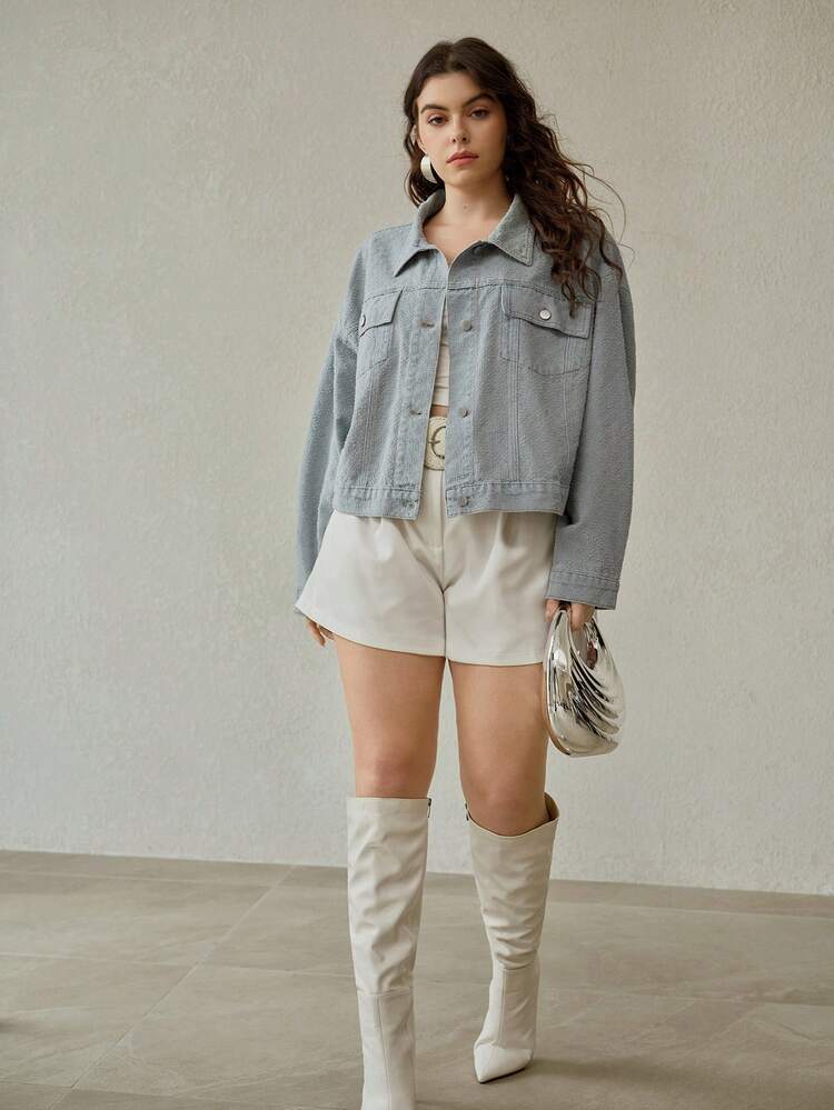 PLUS LIGHTWEIGHT WASHED DENIM JACKET, JACQUARD WEAVE, LIGHT BLUE, SPRING/SUMMER