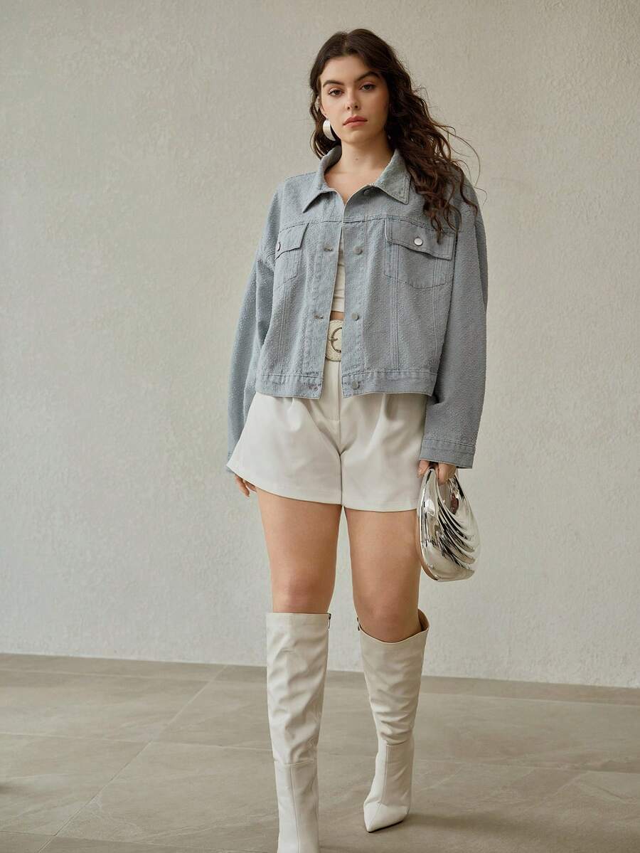 MOTF PREMIUM PLUS 轻薄水洗牛仔夹克，提花织物，浅蓝色，春夏款 - 藍色 - 查看 1