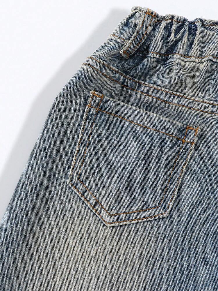 Young Girl Retro Loose Fit Distressed Denim Wide Leg Jeans,Vintage Street Style Faded Light Blue High-Waisted Relaxed Knee Rips Frayed Hem Trousers - Dark Wash - View 5