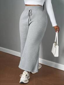 SHEIN PETITE CURVE 大码休闲低腰抽绳弹力运动裤喇叭裤保暖内衬复合绒面料运动裤，适合秋冬季穿着 - 灰色 - 查看 4