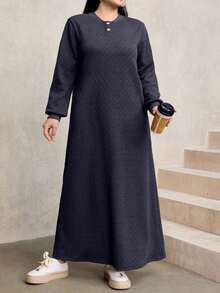 Modelyn Women's Casual Loose Textured Fabric Round Neck Long Dress, Navy Blue, Autumn/Winter - Dark Grey - View 3