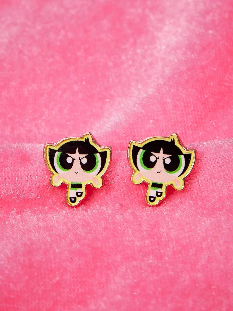 THE POWERPUFF GIRLS X SHEIN 1对时尚可爱卡通元素耳钉,奢华小众,适合派对、音乐会/节日等场合 - 金色 - 查看 1