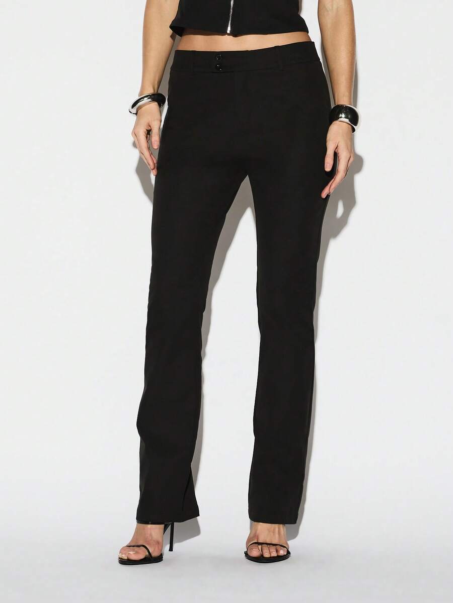 KIZN 罗纹修身低腰阔腿裤 Palazzo 款式长款休闲裤，带纽扣 - 黑色 - 查看 1