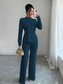 Elenzga 女士休闲长袖T恤长裤两件套，带保暖内衬，秋冬季 - 寶藍色 - 查看 5