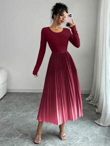 Elenzga 渐变色优雅连衣裙，饰有镂空褶皱设计，性感女士长款连衣裙套装 - 酒紅色 - 查看 5