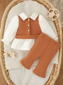 SHEIN 2件套新生女婴休闲套装，撞色翻领上衣搭配宽松针织裤，简约时尚 - 棕色 - 查看 2