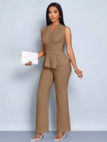 SOLERSUN Bộ đồ hai mảnh không tay dài tay cổ chữ V thanh lịch màu mơ cho nữ, quần ống rộng, viền bất đối xứng, thường ngày, mùa xuân và mùa hè, không tay, tay ngắn - màu nâu - Xem 6