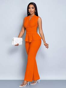 SOLERSUN 女款杏色优雅V领长袖T恤阔腿裤两件套不对称下摆两件套日常休闲女装春夏无袖短袖 - 橘色 - 查看 6