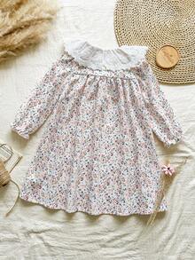 SHEIN Vintaside Kids 1pc Girls Young Girl Ditsy Floral Loose Fit Long Sleeve Dress, Elegant Collar Flower Design, Casual Versatile Dress For Autumn - Pink - View 2