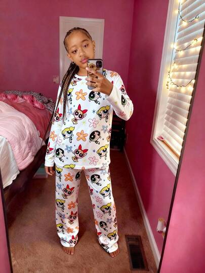 THE POWERPUFF GIRLS X SHEIN 2pcs Tween Girls Cute Cartoon Blossom, Bubbles, Buttercup Pattern Crew Neck Long Sleeve Top And Pants Knit Casual Pajama Set Powerpuff Girls Powerpuff Girls Pajamas Tween Girl Power Puff Pjs Powerpuff Girls Pjs Kids Pajamas
