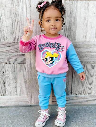 THE POWERPUFF GIRLS X SHEIN Baby Girl Cute & Sweet Bubbles Pattern Round Neck Contrast Color Dropped Shoulder Loose Thermal Lined Sweatshirt, Autumn/Winter