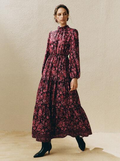 Arave 女士高领褶皱收腰优雅长袖连衣裙，多种颜色可选，适合日常穿着