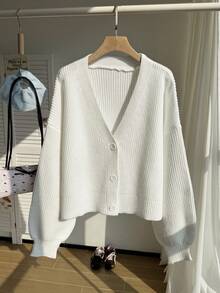 Comfortcana Cardigan Rajut Bergaris Polos Kasual Ukuran Besar dengan Bahu Jatuh, Sweater Cardigan Putih, Pakaian Musim Gugur untuk Wanita - Putih - View 1