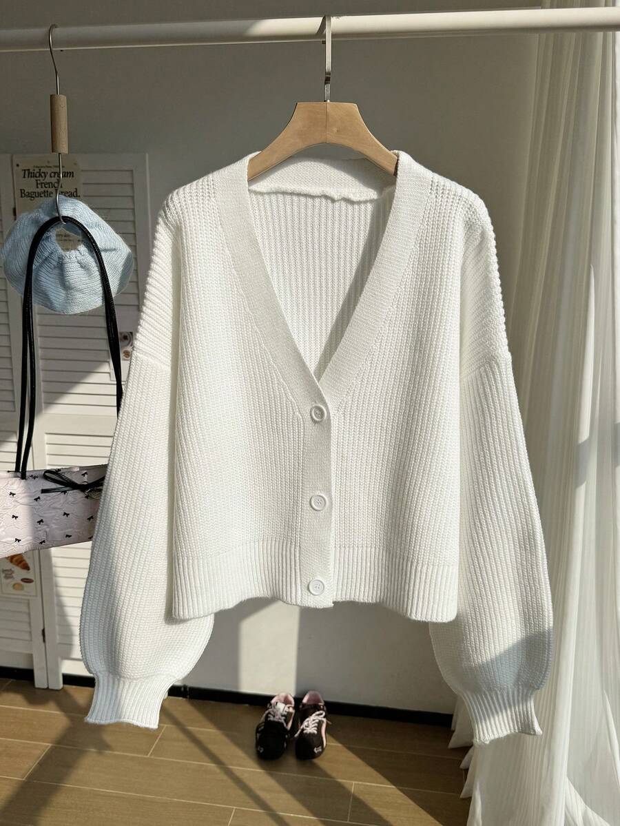 Comfortcana Cardigan Rajut Bergaris Polos Kasual Ukuran Besar dengan Bahu Jatuh, Sweater Cardigan Putih, Pakaian Musim Gugur untuk Wanita - Putih - View 1