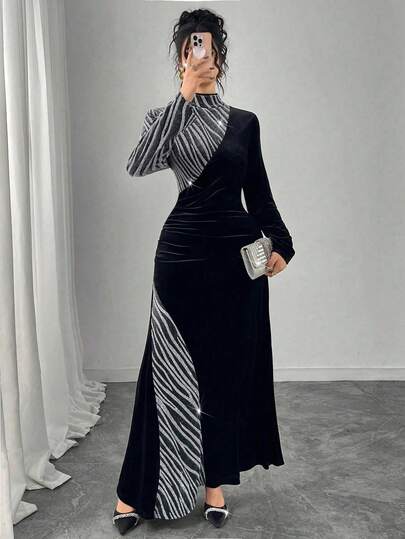 Modelyn Silver Thread Asymmetrical Pattern Patchwork Solid Color Knit Mandarin Collar Dress