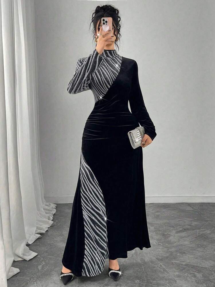 silver thread dress Modelyn Silver Thread Asymmetrical Pattern Patchwork Solid Color Knit  Mandarin Collar Dress