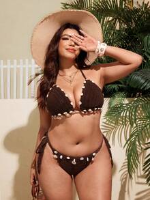 Swim Vcay 2026 Women's Plus Size Swimwear Set,Boho Shell Decor Crochet Beach Bikini,Summer Holiday Vacation Outfit Swimwear - Brown - View 4