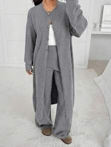 SHEIN EZwear Áo khoác cardigan dệt kim dài tay đơn hàng khuy đơn, dáng rộng, màu trơn, dáng rộng, dáng rộng, dáng dài thường ngày cho nữ, mùa thu/đông - Xám - Xem 5