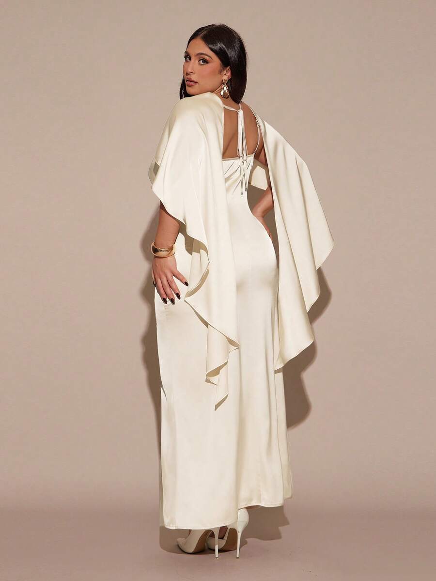 SHEIN BAE Váy satin thắt eo thanh lịch màu mơ cỡ lớn dành cho nữ - Màu be - Xem 1