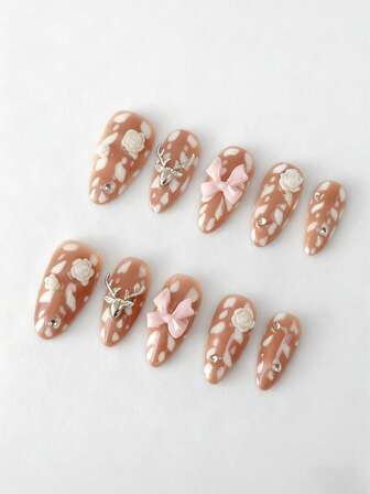 Anime 10 piezas de uñas postizas de alta calidad con diseños de moños, notas musicales y estrellas, hechas a mano + 3 piezas de adhesivo doble cara, pegatinas de arte de uñas con cadena de cristal, estilo francés Y2K con lunares, removibles, adecuadas para vacaciones, fiestas, baile y uso diario