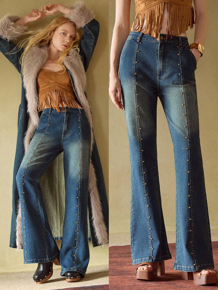 MOTF STUDIO STUDDED DETAIL WASHED FLARE LEG JEANS , FALL WINTER