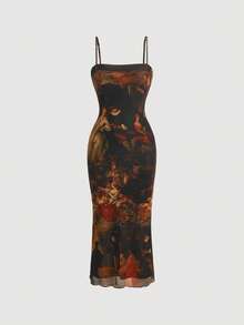 SHEIN MOD Retro Vintage Figure Graphic Lettuce Trim Mesh Cami Dress - Multicolor - View 1