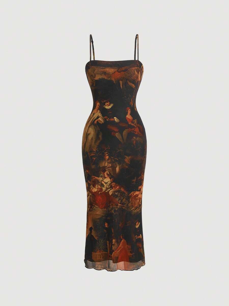 SHEIN MOD Retro Vintage Figure Graphic Lettuce Trim Mesh Cami Dress - Multicolor - View 1