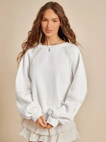 WESTFADE Moletom de gola redonda, mangas raglan e modelagem ampla em fleece e renda de crochê - Ideal para a volta às aulas no outono. - Branco - Ver 3