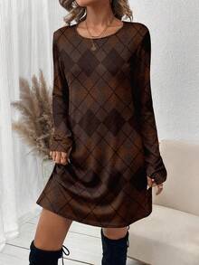 SHEIN LUNE 女士休闲菱形印花短裙，秋季，休闲 - 彩色 - 查看 4